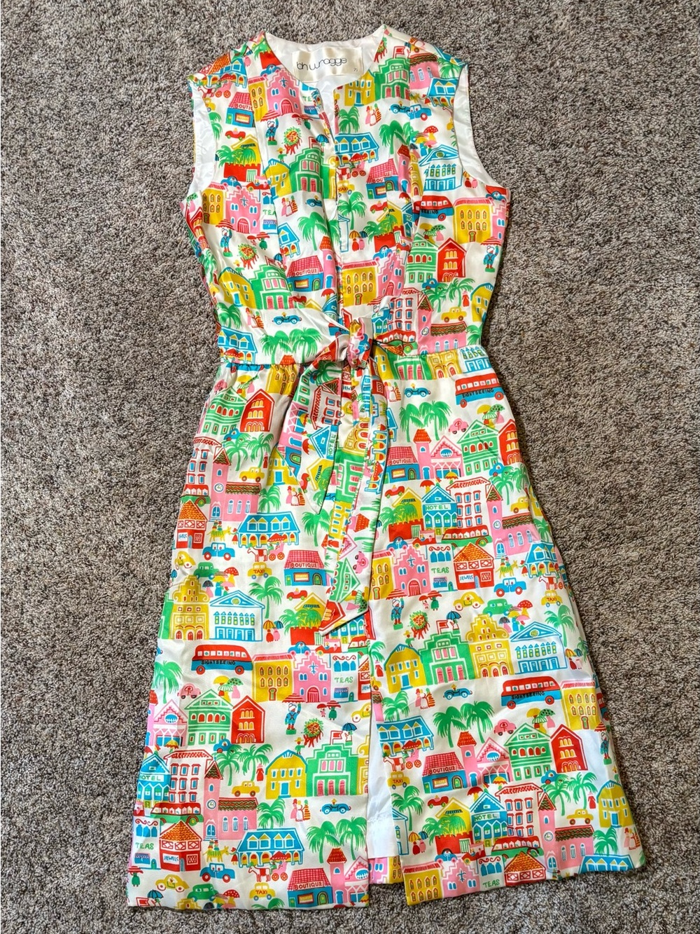 308. Vintage BH Wragge Sleeveless Bright Multicolor Village-Print Dress, Size 10